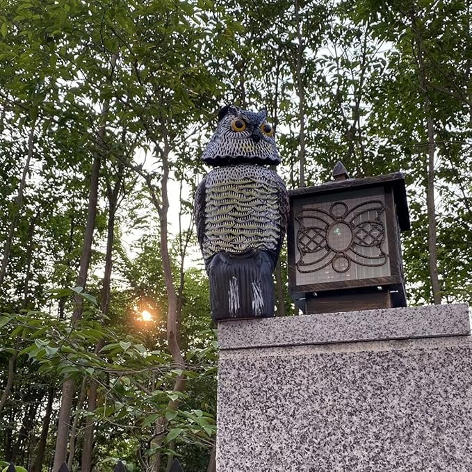 Owl Decoy 360 Rotate Head, Scarecrow Fake Owls Natural Enemy Realistic Owls to Scare Birds Away