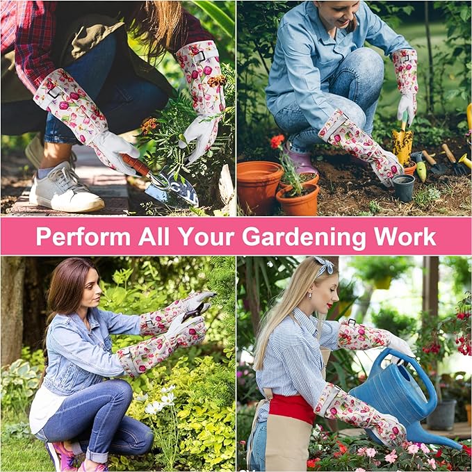 DLY Gardening Gloves for Women, Rose Gloves Gardening Thorn Proof, Long Garden Gloves for Women, Breathable Cowhide Leather Gauntlet (Large, White)