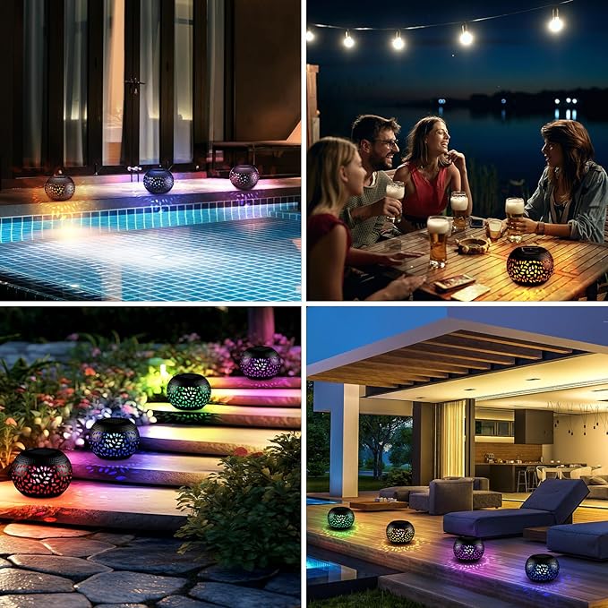 Reginary 2 Pcs Solar Table Lantern Outdoor Waterproof Dancing Flashing Flame 7 Color 2 Modes Metal Tabletop Light Desktop Decorative Lamp Auto On/Off Lighting for Patio Garden Pathway Yard (Black)