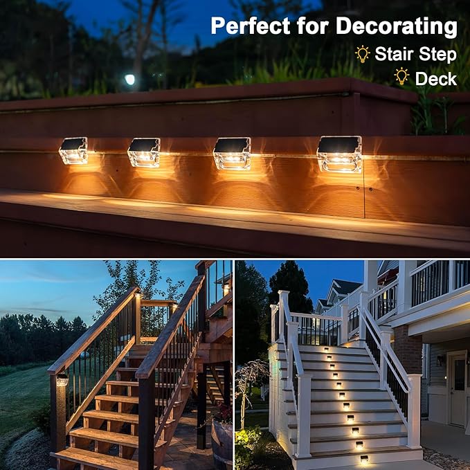 Solar Outdoor Lights, 8 Pack Solar Fence Deck Lights, Waterproof Outside Lighting for Step Railing Wall Pool Stair Yard Garden Patio Pool Decorations (Warm White)