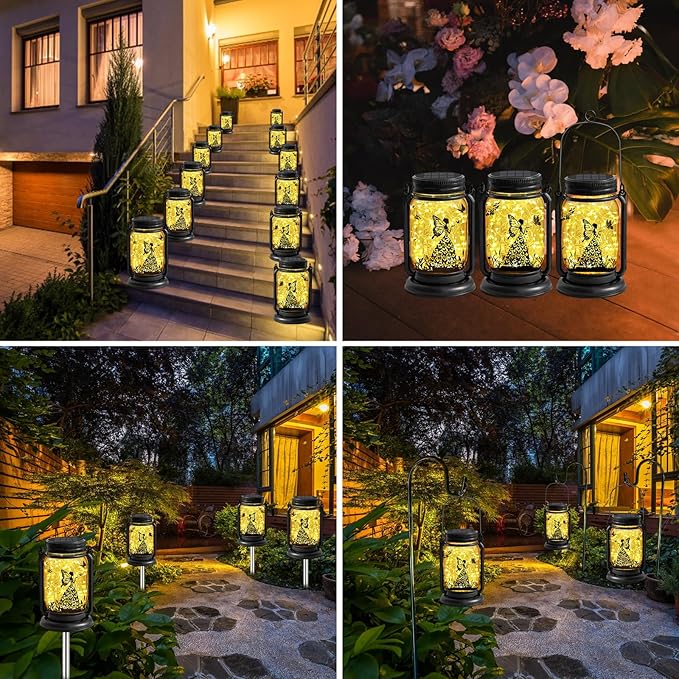 YJFWAL 2 Pack Outdoor Hanging Solar Lanterns, Birthday Mothers Day Gifts for Women Mom Grandma,Fairy Butterfly Vintage Glass Mason Jar, Waterproof Garden Lights for Patio Yard Lawn Tree Party Decor