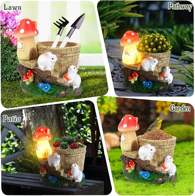 Garden Rabbit Statue,Resin Rabbit Figurine with Solar LED Light,Flower Pots Planters Pots for Succulent,Bunny Statue for Patio Balcony Yard Lawn Decor,Unique Gift for Dad Mom Grandma