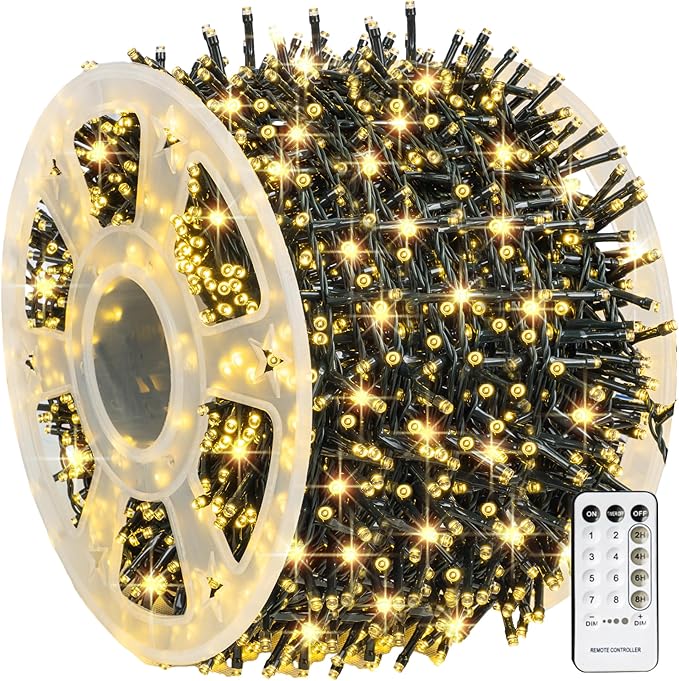 Dazzle Bright Outdoor Christmas String Lights, 1000 LED 328 FT Plug in Fairy Light with Remote Control 8 Modes & Timer, Waterproof Decoration for Home Garden Yard Xmas Wedding, Warm White