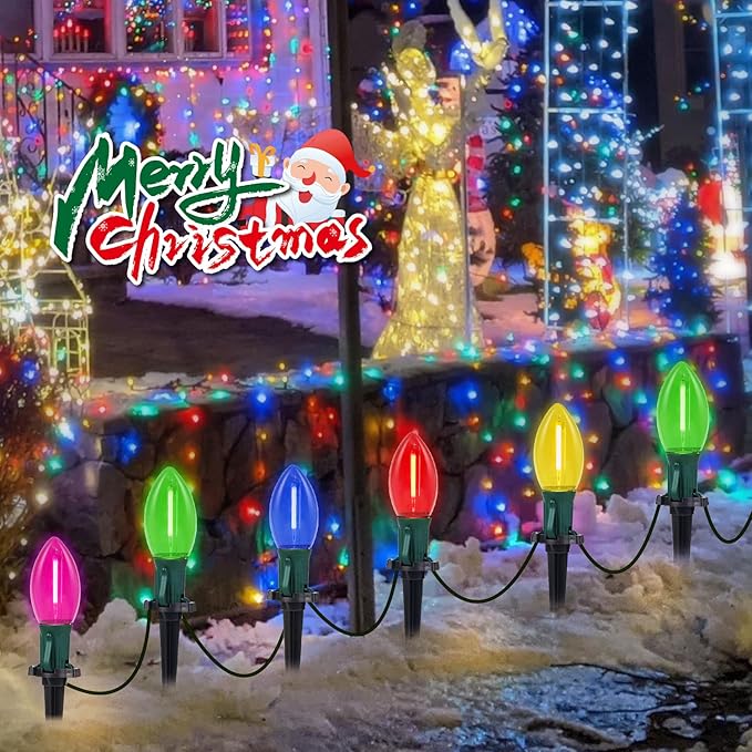 C9 LED Christmas Pathway Lights, 38FT Multi-Color Christmas Pathway String Lights with 25 Multi-Color LED Light Bulbs and Stakes for Outdoor Walkway Driveway Backyard Christmas Decorations
