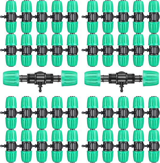 Frienda 40 Pcs Barbed Tee 1/2 Inch Tubing (1/2" Idx0.6-0.63" Od) 16mm to 1/4 Inch Irrigation Tube Fittings Drip Irrigation Parts Anti Drop Locked Reducing Tee for Drip Hose, Green