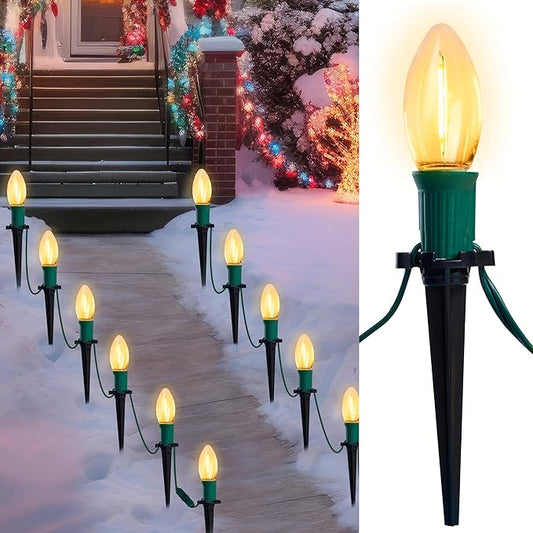Joiedomi 30.75FT C9 Christmas Pathway Stake Lights 24 LED Jumbo Bulbs, Warm White Outdoor Walkway Decor with Green Wire Connectable for Holiday Commercial Xmas Yard Garden Lawn