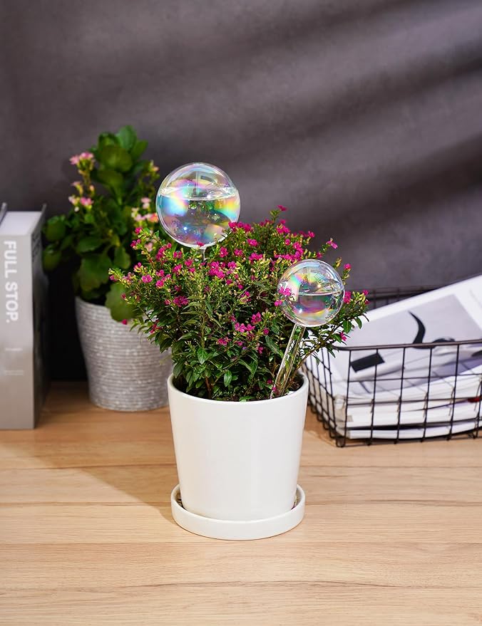 Tomorotec Iridescent Glass Self Watering Globes 4-Pack (2 Large+2 Small), Decorative Hand-Blown Rainbow Glass Watering Bulbs, Automatic Irrigation for Indoor & Outdoor Plants, Easy to Use and Maintain