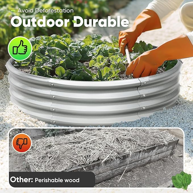 KING BIRD Raised Garden Bed Galvanized Round Planter Box Outdoor for Gardening, Plants, Vegetables, Flowers, Silver, 47x47x12 in