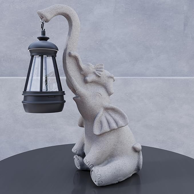 Solar Powered Outdoor Figurine Lights, 10 Inch Waterproof Animal Elephant Statue Light, Suitable for Decorations for Patio, Balcony, Lawn, Courtyard, Etc.(Trunk)