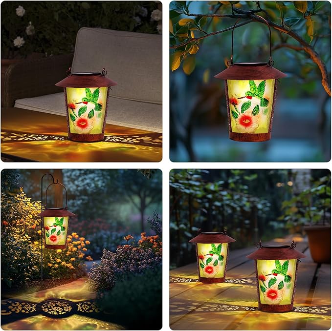 Hanging Solar Lantern Outdoor Decorative Waterproof LED Solar Hummingbird Lights Tabletop Lamp with Hollowed-Out Design for Outdoor Garden Patio Yard Deck Table Porch Pathway Wall