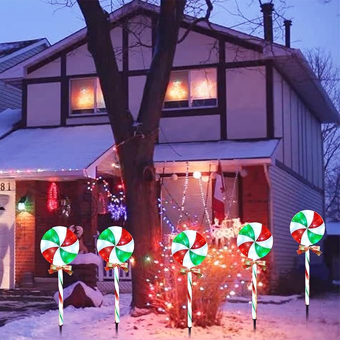 10 Packs Christmas Pathway Lollipop Lights with Bow Tie Solar Powered Outdoor Waterproof Xmas Candy Cane Path Landscape Decorative Stake Lights 2 Solar Panel + 10 Lights