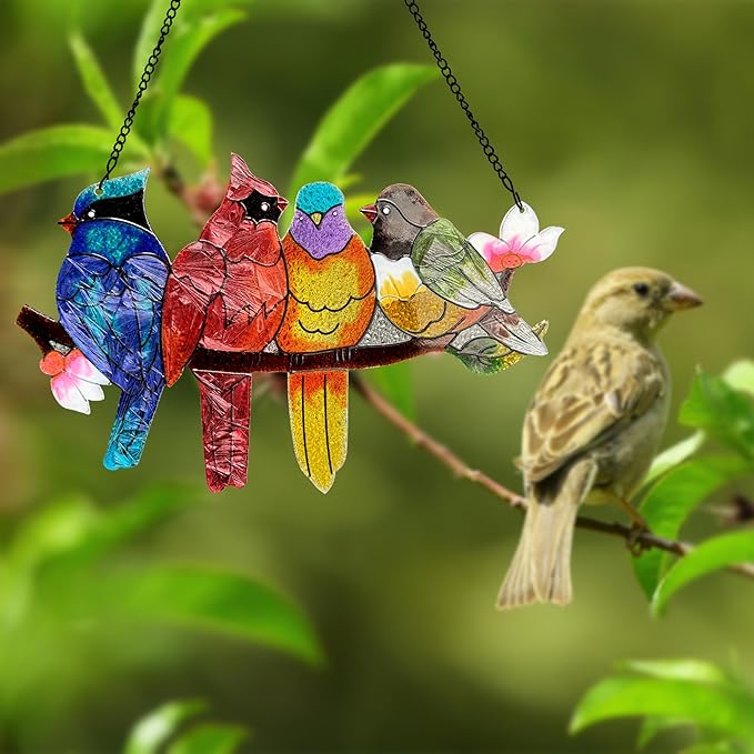 Stained Glass Window Hanging - Large Suncatcher Stained Glass Birds on Branch, Sun Catchers for Indoor Window Doors Room Home Decoration Hummingbird Gifts for Bird Lovers