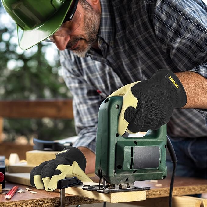 HANDLANDY Men Leather Gardening Gloves, Utility Work Gloves for Mechanics, Construction, Driver, Dexterity Breathable Design