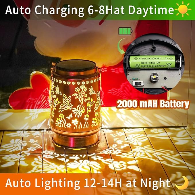 Large Solar Lanterns Outdoor Waterproof Butterfly Birthday Gifts for Women Men, Metal Hanging Solar Lantern Lamp for Yard, Lawn, Patio, Backyard, Garden Decor Outside