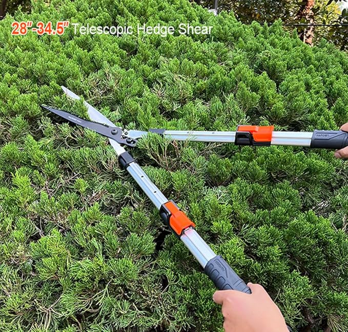 Edward Tools Pro Power Lever Hedge Shears - 29” - 34” - Telescoping Extendable Handle with High Carbon Steel Teflon Coated Wavy Blade - Ergo Rubber Long Handle - Heavy Duty Gardening