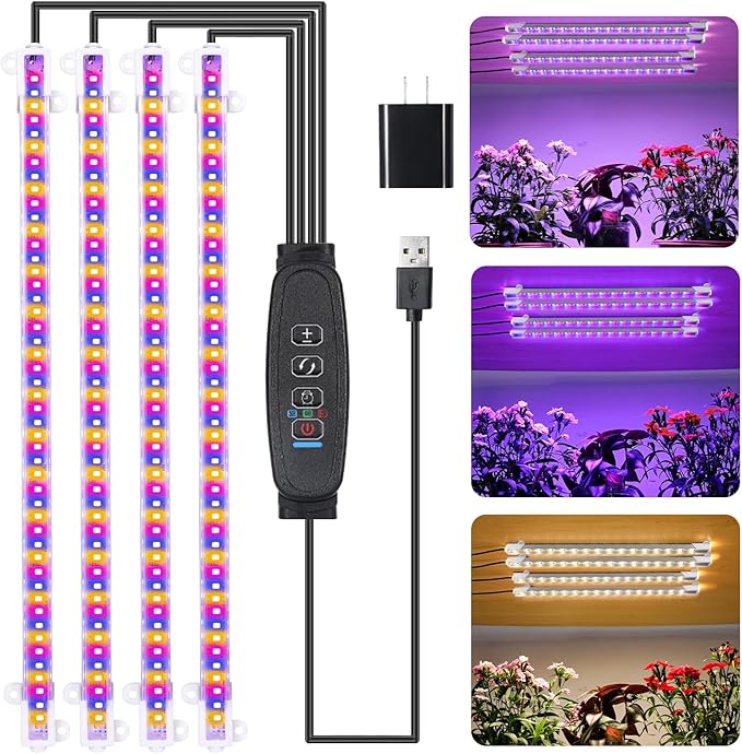 Four Strip Growing Lamp for Indoor Plants, Red & Blue & Yellow Full Spectrum LED Grow Light Strips with Auto ON/Off 3/9/12H Timer,10 Dimmable Levels for Green House Succulent (13 in)