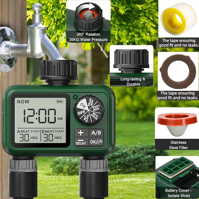 2 Outlet Sprinkler Timer, XinFuture Water Timer, Programmable Garden Hose Timer with Rain Delay, Manual& Automatic Watering System, Waterproof Digital Irrigation Timer for 2 Separate Watering Zones