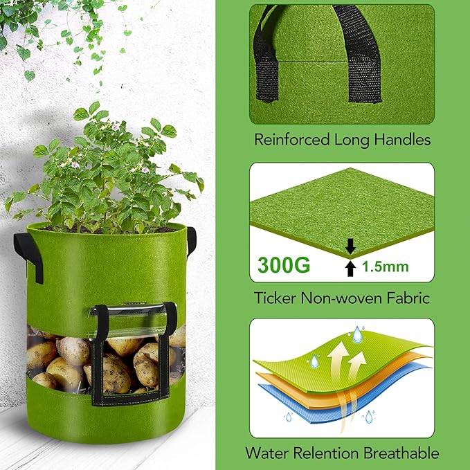 360 Degree Visible 3-Pacs10 Gallon Potato Grow Bags with Flap, Potatoes Growing Containers with Handles&Visible Space for Vegetables/Strawberry/Sweet Potato Used Outdoor and Indoor