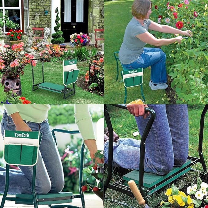 TomCare Garden Kneeler Seat Garden Bench Garden Stools Foldable Stool with Tool Bag Pouch EVA Foam Pad Outdoor Portable Kneeler for Gardening（Large-21.65" x 10.62" x 18.89", Green）