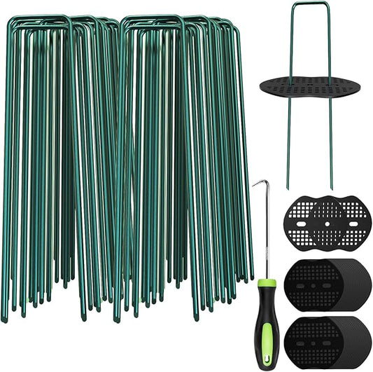 FOTMISHU Landscape Staples 5.7 Inch 20Pcs Garden Stakes with 20pcs Gasket, Lawn Pins with Spray Coating Craft, 11Gauge Anti-Rust Ground Yard Spikes Anchoring for Outdoor Tents Irrigation Hoses (Green)