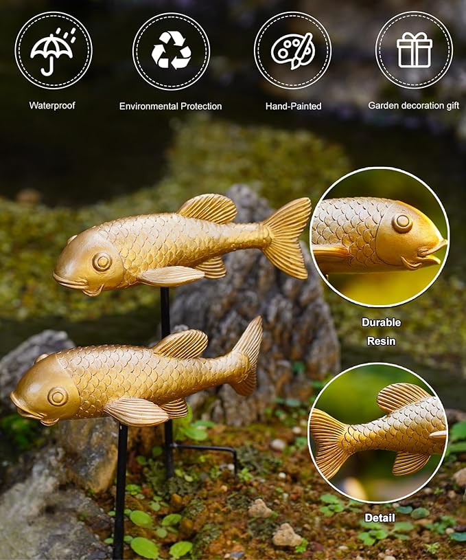 Outdoor Koi Fish Statues 2Pack: Garden Sculpture Ornaments Pond Decor for Yard Lawn Patio Porch Outside Decorative Gifts for Grandma Women Mom