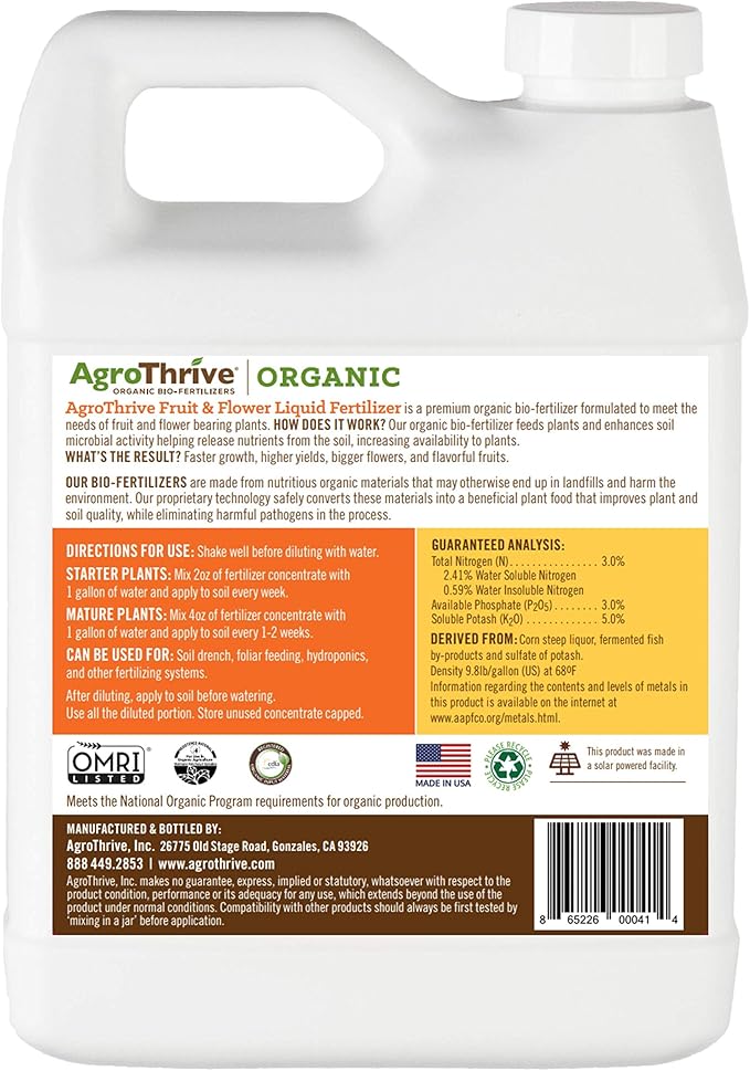 AgroThrive Fruit and Flower Organic Liquid Fertilizer - 3-3-5 NPK (ATFF1032) (32 oz) for Fruits, Flowers, Vegetables, Greenhouses and Herbs