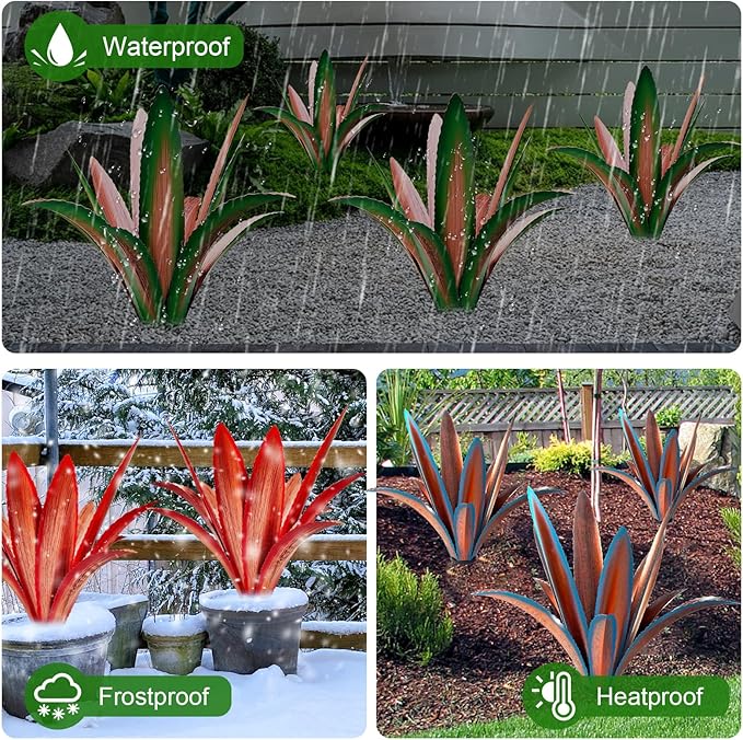 Enlarge Thickened Wind Resistant Metal Agave Garden Art Metal Plant Country Garden Sculpture Statue Outdoor Decoration Agave Metal Plant Courtyard Garden Lawn Ornament Gift (2, 12 Leaves red)