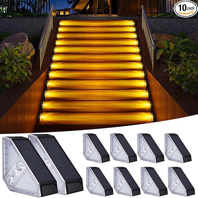 KINKAI Solar Step Lights for Outside, 10 Pack Outdoor Stair Light Waterproof Step Lighting for Garden, Patio, Yard, Front Door, Porch Decor (Warm Light)