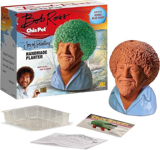 Chia Pet Bob Ross - Blue Shirt - with Seed Pack, Decorative Pottery Planter, Easy to Do and Fun to Grow, Novelty Gift, Perfect for Any Occasion