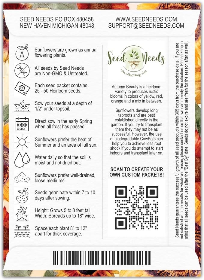 Seed Needs, Sunflower Seed Packet Party Favors - 20 Pre-Filled Packs to Hand Out (Great for Weddings, Bridal Showers, Memorials, Fundraisers & Other Events) Heirloom & Untreated (20 Packets)