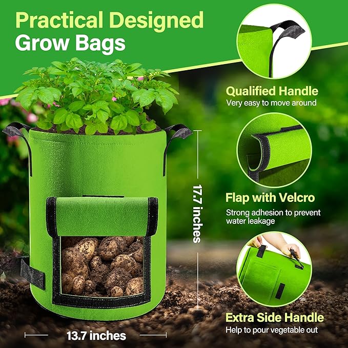 6 Pack Potato Grow Bags 10 Gallon with Flap, Grow Bags for Growing Potatoes, Duarable Fabric Garden Planter Pots with Harvest Window for Vegetable and Fruits, Black & Green