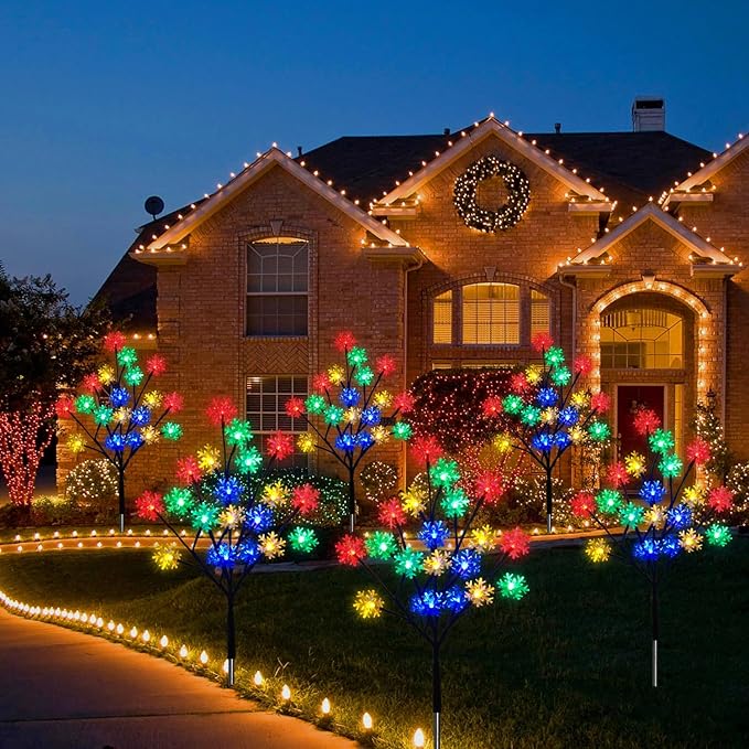 4-Packs 80LEDs Solar Snowflake Christmas Stake Lights, 8 Modes Wonderland Solar Snowflake Lights for Outdoor Christmas Decorations, Waterproof Solar Christmas Lights for Garden Yard Pathway Walkway