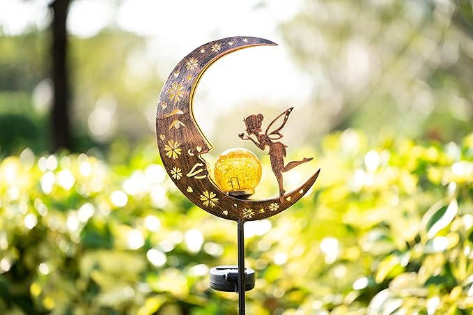 TERESA'S COLLECTIONS 2pcs Fairy Moon Lights Solar for Garden Decor Outside, Metal Yard Art Lawn Ornaments with Crackle Glass Ball, Angel Decorative Stake for Patio Porch Decor, Gifts for Grandma Mom