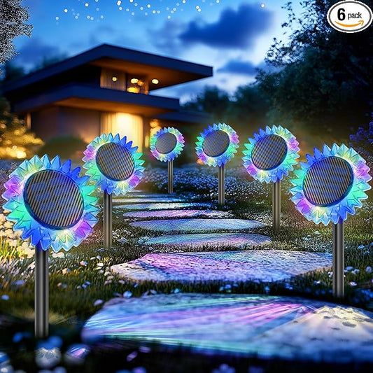 Solar Garden Lights - Upgraded Solar Sunflower Light, Ground/Wall 2 In 1, Solar Outdoor Lights Waterproof IP67,Garden Yard Patio Backyard Pathway Landscape Fence Wall Decoration, Multicolor(6 Pack)