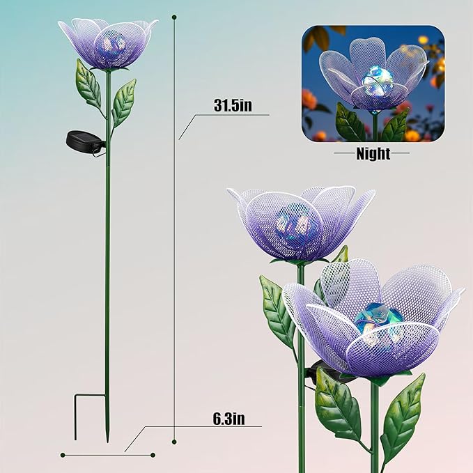 Solar Lights Outdoor Garden, 2 Pack Solar Powered Metal Flowers LED Breathing Light Waterproof,Solar Flowers for Outside Patio Lamp,Garden Gifts for Women,Landscape Lighting,Yard Pathway Decor