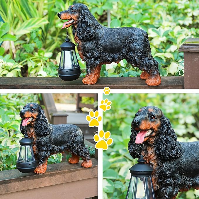 Afirst Solar Dog Statue Garden Decor- Outdoor Decor with Solar Lantern Lovely American Cocker Spaniel Figurine Patio Lawn Yard Art Ornaments Housewarming Gift