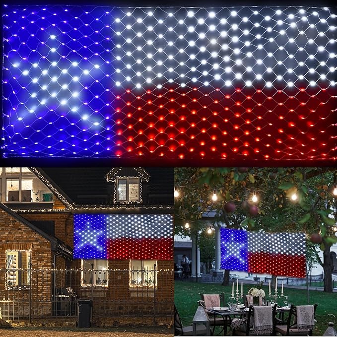 Texas Flag Net Lights Outdoor 3.3x6.6 FT - 384 LED Patriotic American Flag Decor with 8 Modes, Waterproof for 4th of July, Christmas, Yard, Porch, Parties