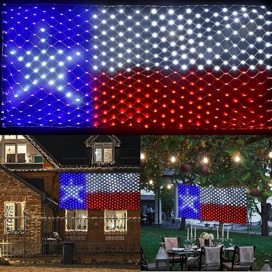 Texas Flag Net Lights Outdoor 3.3x6.6 FT - 384 LED Patriotic American Flag Decor with 8 Modes, Waterproof for 4th of July, Christmas, Yard, Porch, Parties