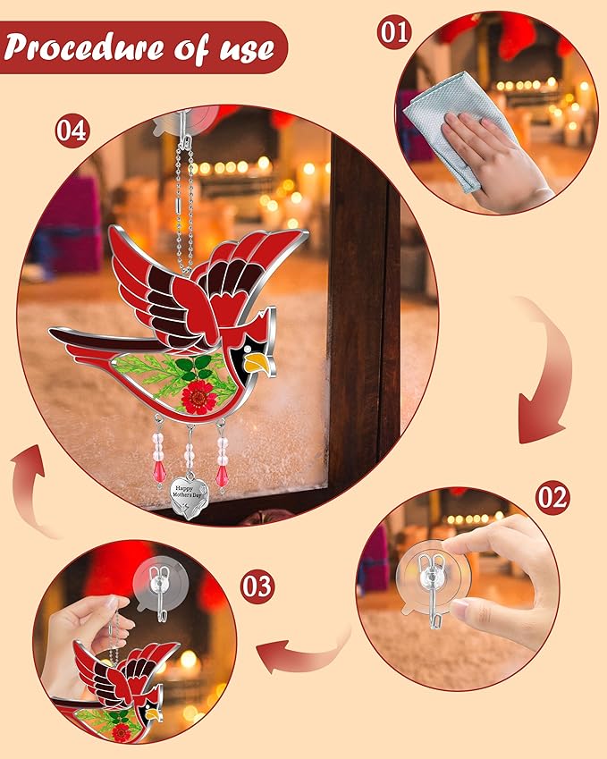 KY&BOSAM Happy Mother`s Day Cardinal Suncatcher Hand-Painted Garden Ornament Hanging Wind Chime with Pressed Flower Cardinal Embedded in Glass Gift for Mom Grandma Mother`s Day Gifts