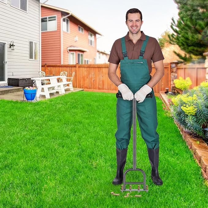 Dolibest Lawn Coring Aerator, Stainless Steel 4 Corer Plug Aerator Tool with Soft Rubber Grip, Manual Grass Aerating Tool, Garden Tool & Cleaning Hand Tool for Loosening Soil and Improving Lawn Health