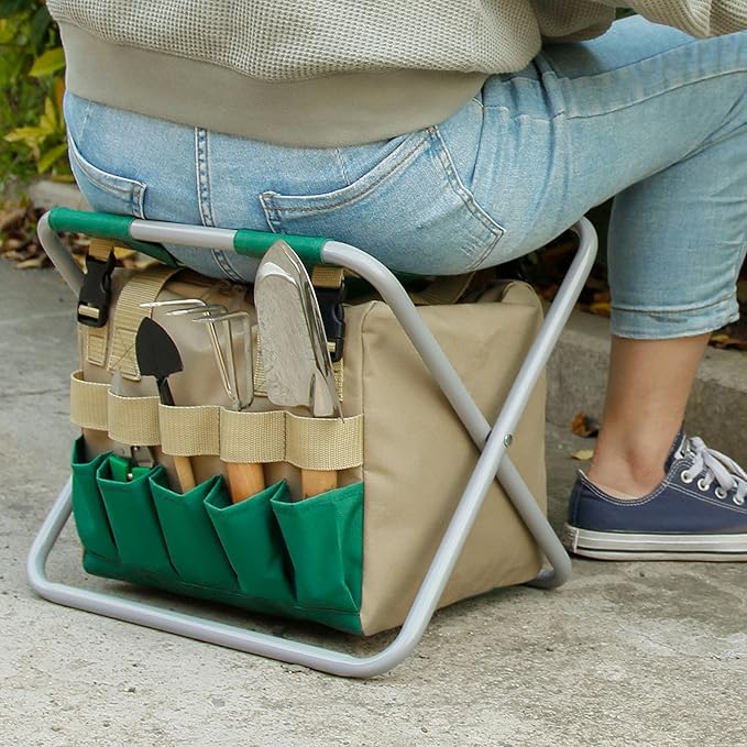 Folding Gardening Stool with Detachable Storage Tote Bag, Multifunctional Gardening Tools Set Organizer for Fishing and Camping,Portable Garden Chair Seat for Adults (Green+Khaki)