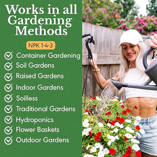 HydraBloom Flower Fertilizer - Indoor and Outdoor All Purpose Bloom Plant Food - Enriched with Kelp - for House Plants, Hanging Baskets, Strawberries - Use in Soil Gardens & Hydroponic Systems - 16oz