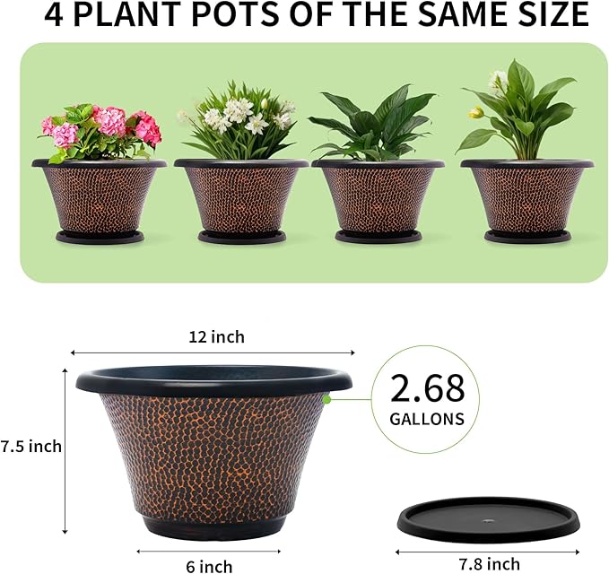 Quarut 11.8 Inch Pots for Plants,4 Pack Large Plant Pot,Flower Pots with Drainage Hole & Saucer,Modern Planters for Indoor Outdoor Plants,Decorative Resin Garden Pots for Planting Medium Large Plants