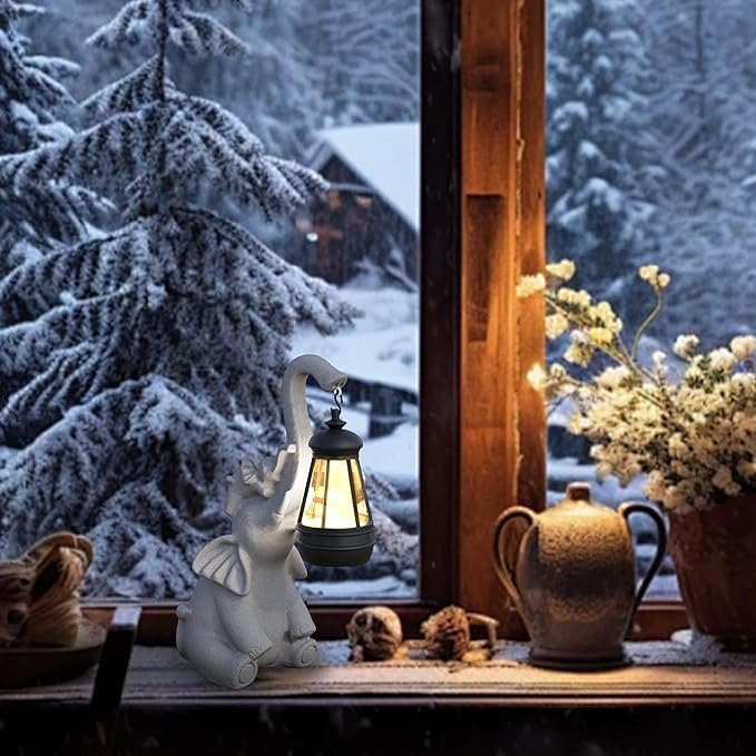 Solar Powered Outdoor Figurine Lights, 10 Inch Waterproof Animal Elephant Statue Light, Suitable for Decorations for Patio, Balcony, Lawn, Courtyard, Etc.(Trunk)