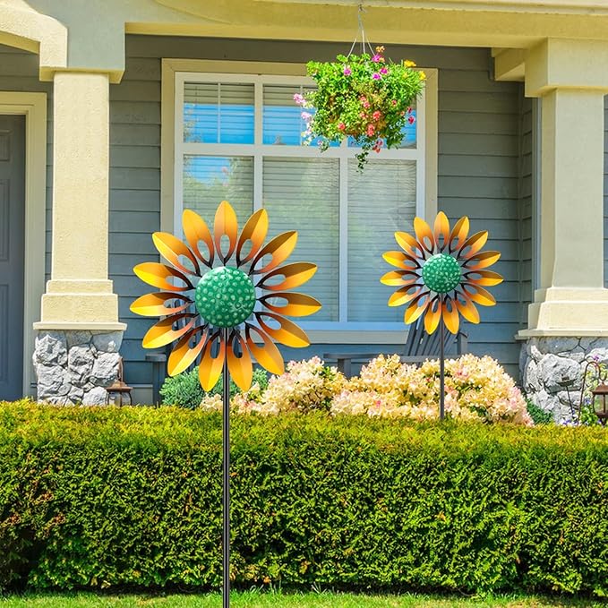 Sunflower Standing Wind Sculpture, Outdoor Wind Spinner with Stake, Metal Windmill for Garden, Lawn Yard Art Decorations (1pcs-Yellow)