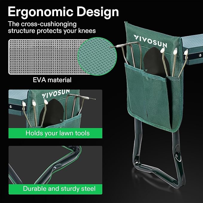 VIVOSUN Garden Kneeler and Seat, 10.9" Wider Foldable Gardening Stool, Heavy Duty Garden Bench, EVA Foam Pad & 2 Tool Bags, Gardening Tools for Women Men Father Mother, Portable Outdoor Garden Tools