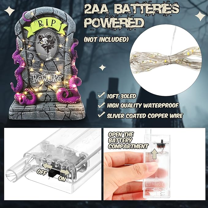 Hiboom 6 Set Large Halloween 3D Changing Face Rip Graveyard Tombstones and 23.6x15.7 Inch Halloween Skeleton Headstone 6 Pcs LED String Lights Halloween Decoration for Yard Garden Lawn