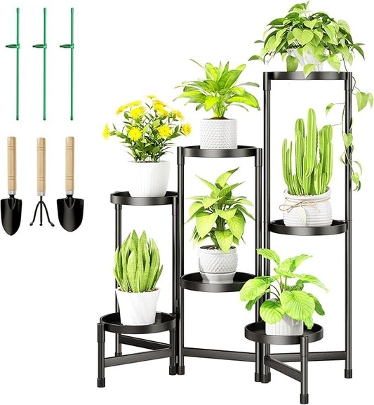 7-Tier Metal Plant Stand Indoor, Foldable Corner Plant Shelf Outdoor, Rotatable Tiered Flower Display Stand, Black Multiple Plants Holder for Patio Living Room Balcony Garden Home Decor