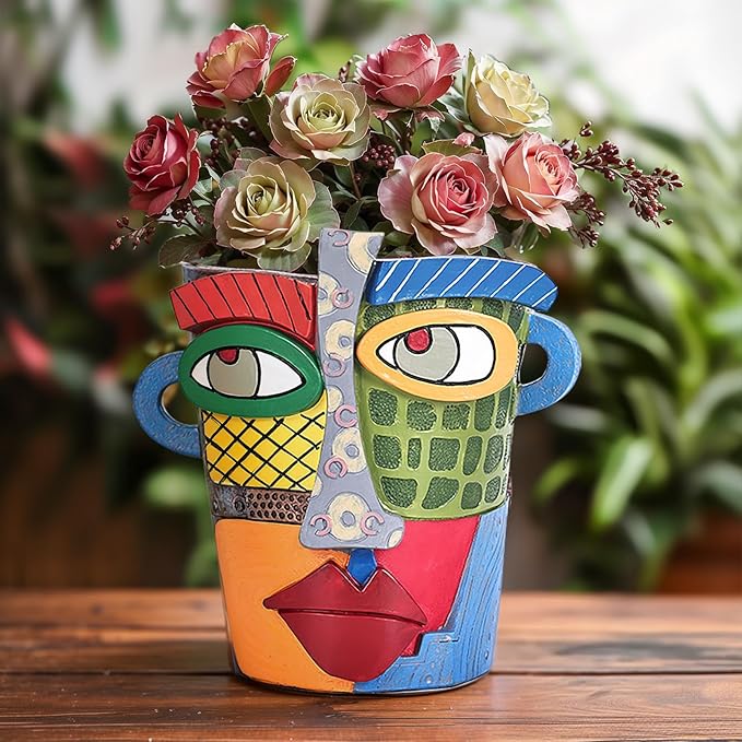 LCCCK Colorful Face Planter Funky Head Planters for Indoor Plants, Succulent Pots with Drainage for Home Unique Decor, Large Abstract Flower Pots for Indoor Outdoor Garden Cute Plant Decor