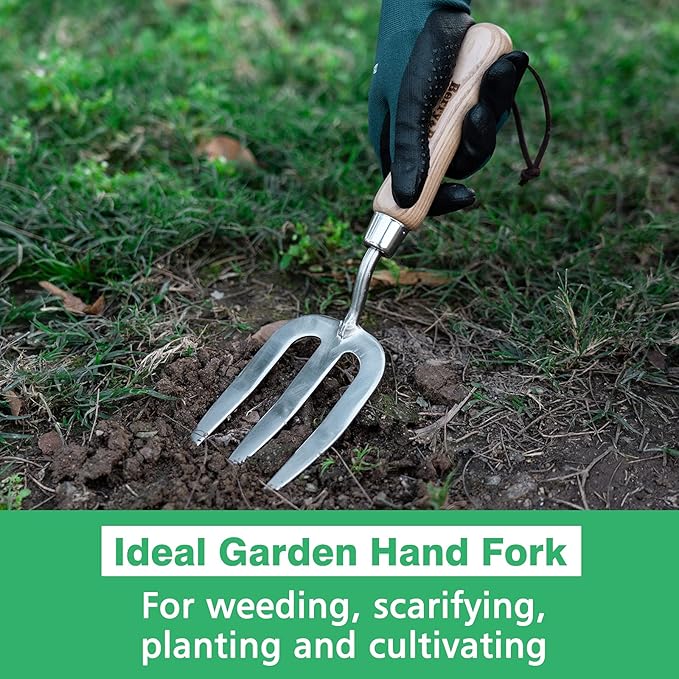 Berry&Bird Gardening Hand Fork, Stainless Steel Hand Weed Fork, Traditional Garden Hand Fork Tool with Ergonomic Ash Wood Handle for Weeding, Digging, Planting and Cultivating